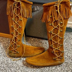 Vintage tall lace up fringe moccasin boots